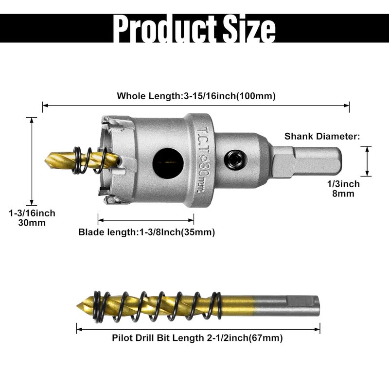 SALI 1-3/16" (30mm) TCT Hole Saw Kit Tungsten Carbide Tipped Hole Saw Drill Bit with Titanium-Plated Pilot Drill bit for Metal, Stainless Steel, Iron, Wood, Plastic - Image 3